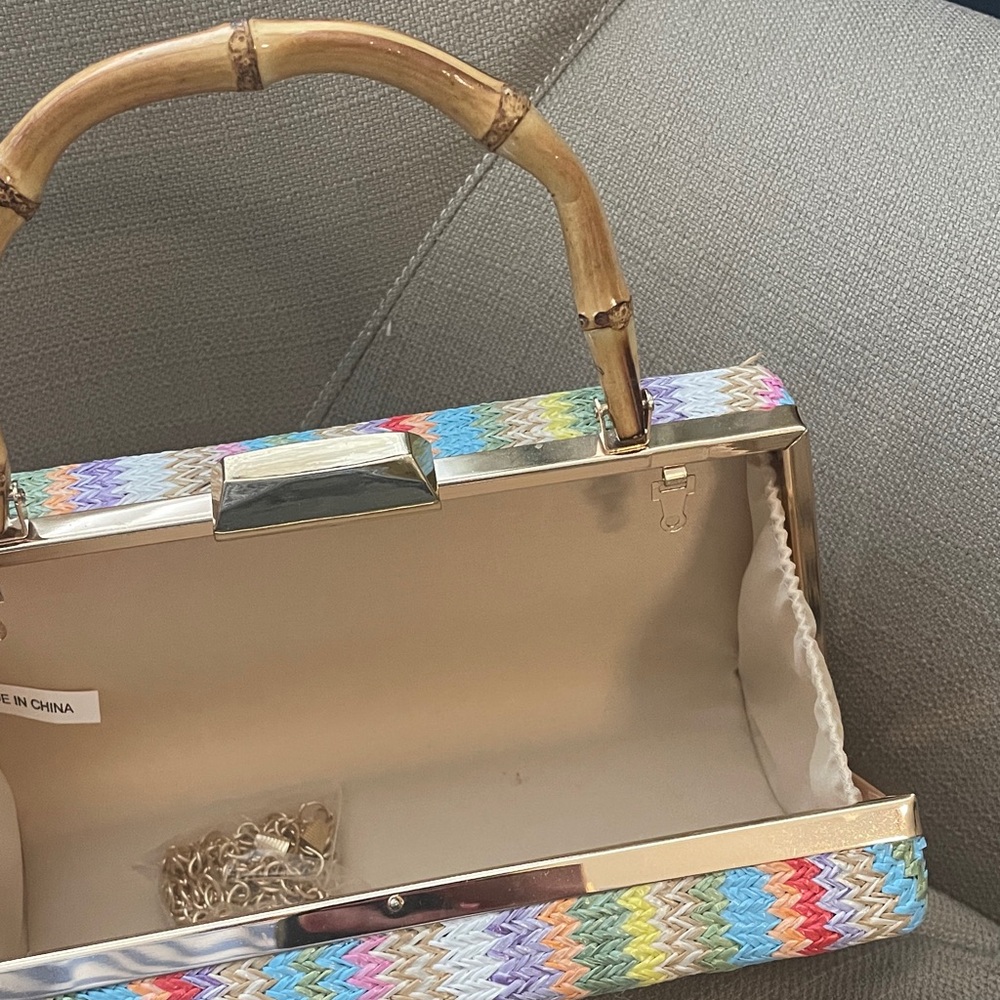 Multicolor Zigzag Pattern Clutch With Bamboo Hand… - image 3